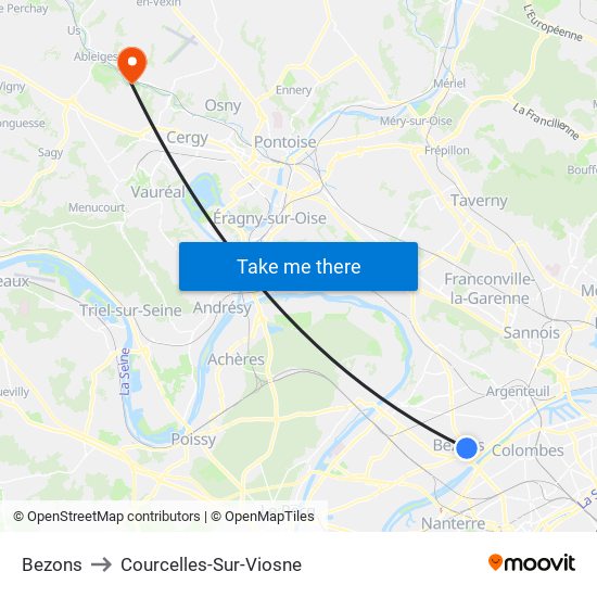 Bezons to Courcelles-Sur-Viosne map