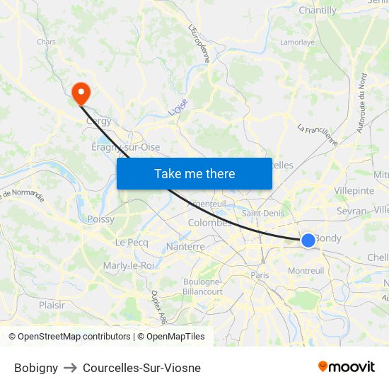 Bobigny to Courcelles-Sur-Viosne map