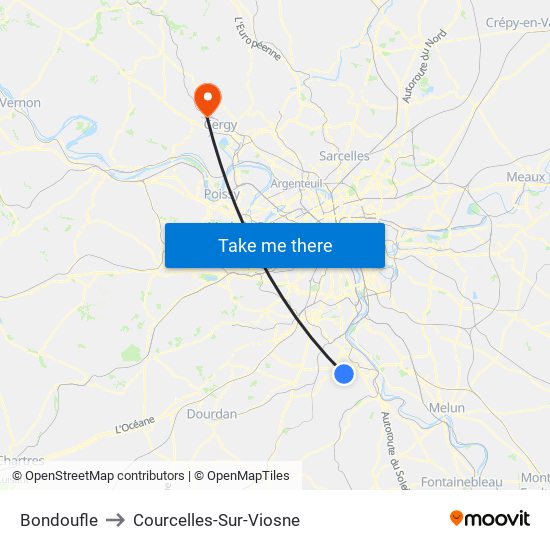Bondoufle to Courcelles-Sur-Viosne map