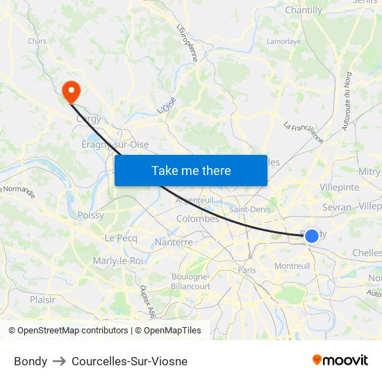 Bondy to Courcelles-Sur-Viosne map