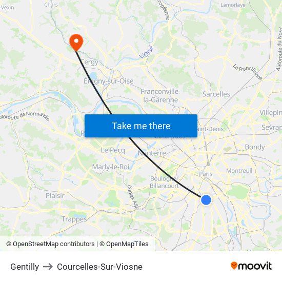 Gentilly to Courcelles-Sur-Viosne map