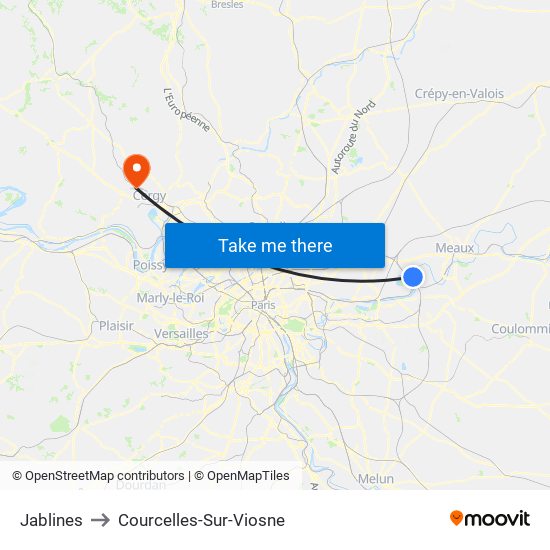 Jablines to Courcelles-Sur-Viosne map