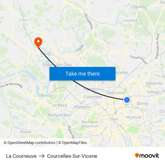 La Courneuve to Courcelles-Sur-Viosne map