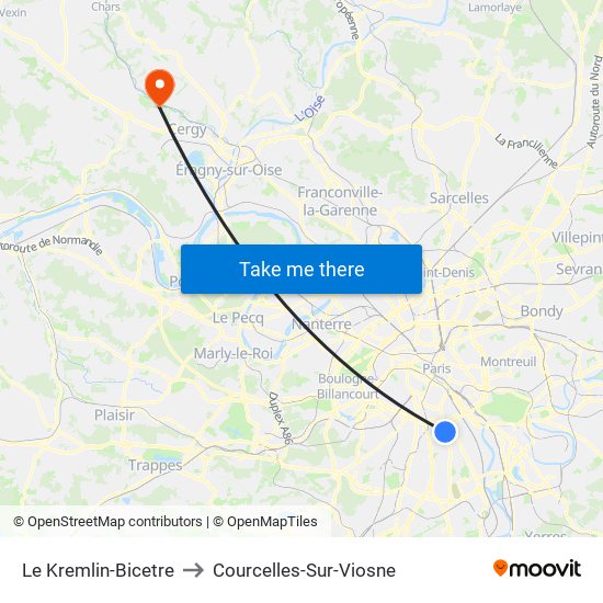 Le Kremlin-Bicetre to Courcelles-Sur-Viosne map