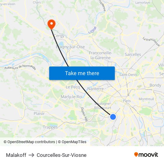 Malakoff to Courcelles-Sur-Viosne map