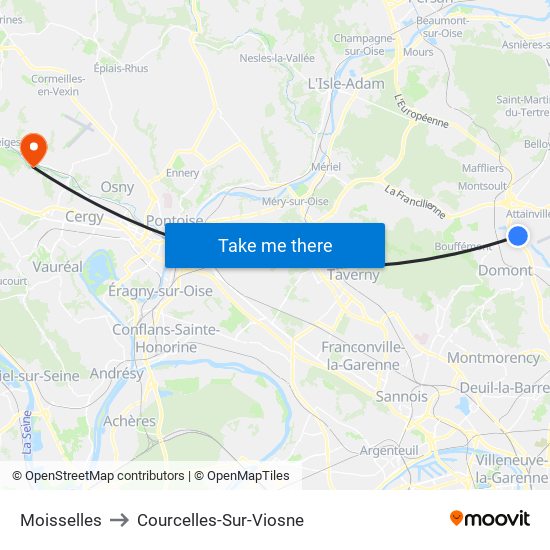 Moisselles to Courcelles-Sur-Viosne map