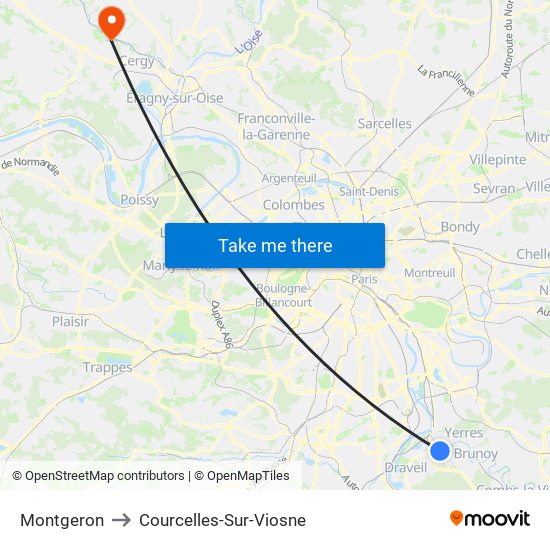Montgeron to Courcelles-Sur-Viosne map