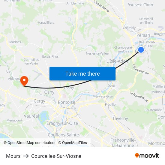Mours to Courcelles-Sur-Viosne map