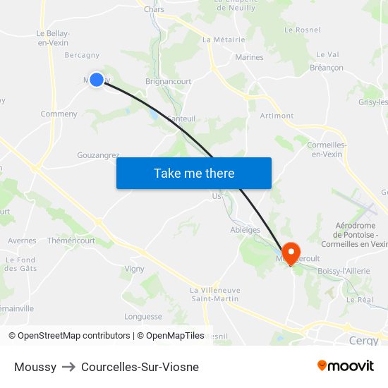 Moussy to Courcelles-Sur-Viosne map