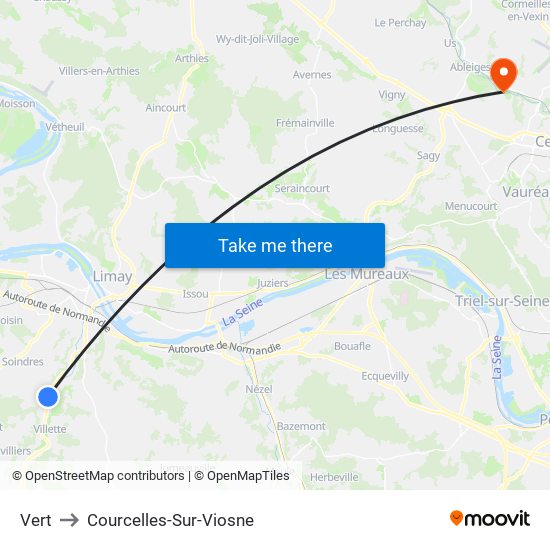 Vert to Courcelles-Sur-Viosne map