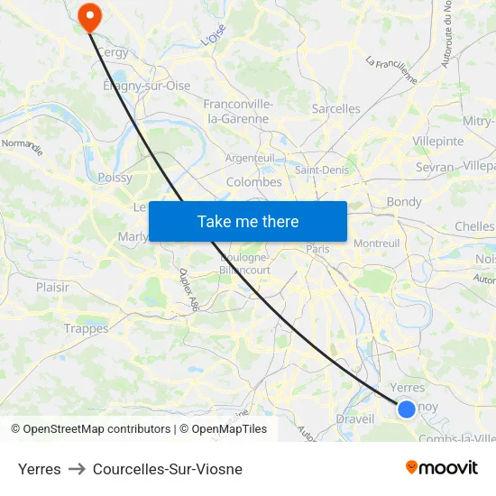 Yerres to Courcelles-Sur-Viosne map