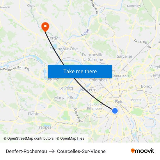 Denfert-Rochereau to Courcelles-Sur-Viosne map