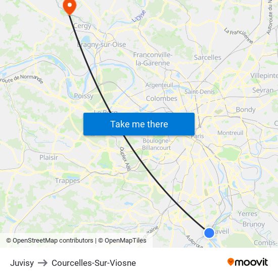 Juvisy to Courcelles-Sur-Viosne map