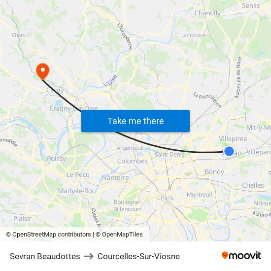 Sevran Beaudottes to Courcelles-Sur-Viosne map