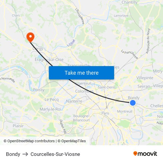 Bondy to Courcelles-Sur-Viosne map