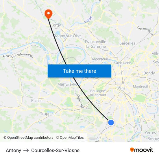 Antony to Courcelles-Sur-Viosne map