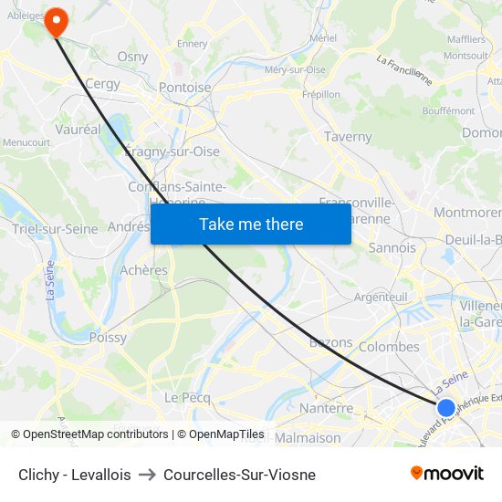 Clichy - Levallois to Courcelles-Sur-Viosne map