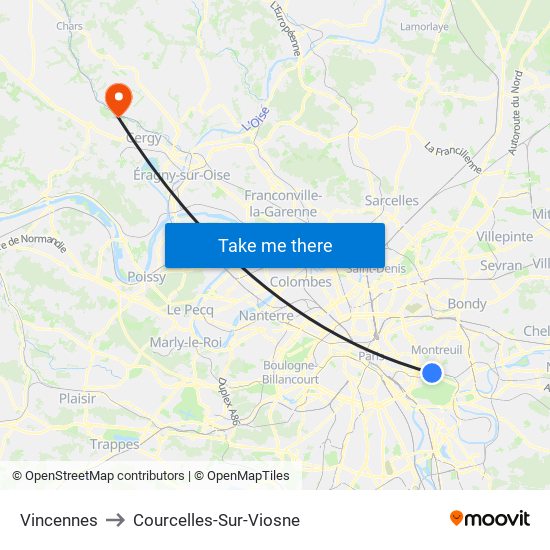 Vincennes to Courcelles-Sur-Viosne map