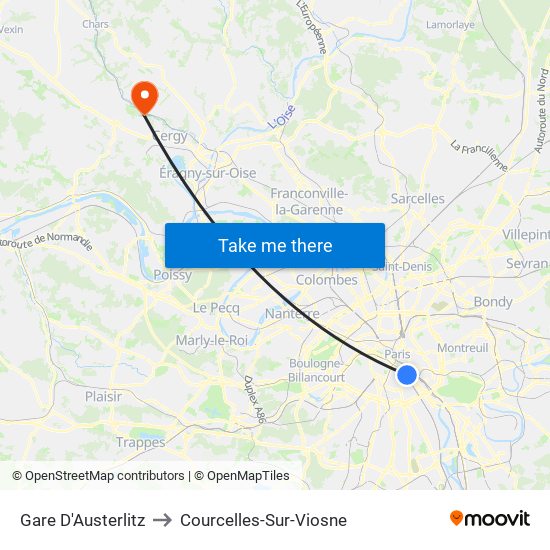 Gare D'Austerlitz to Courcelles-Sur-Viosne map