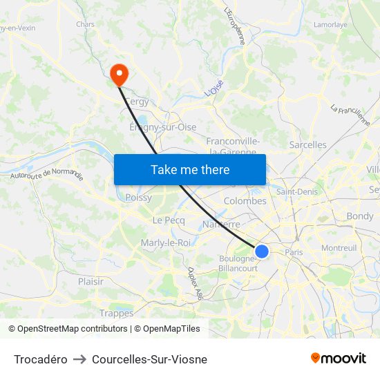 Trocadéro to Courcelles-Sur-Viosne map
