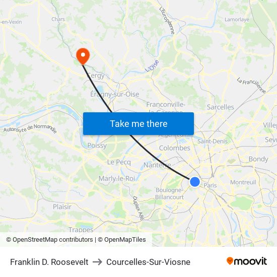 Franklin D. Roosevelt to Courcelles-Sur-Viosne map