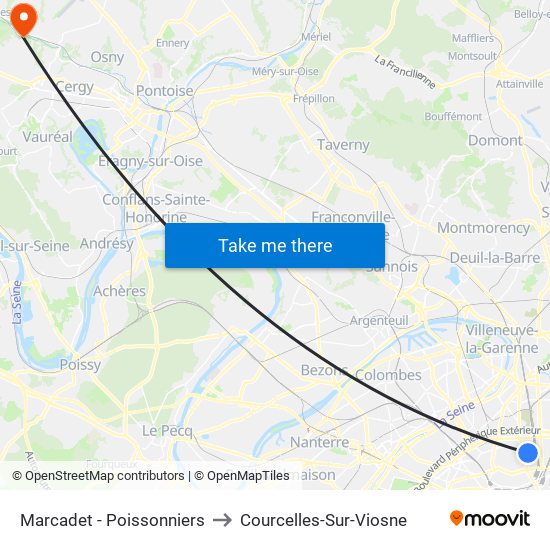 Marcadet - Poissonniers to Courcelles-Sur-Viosne map