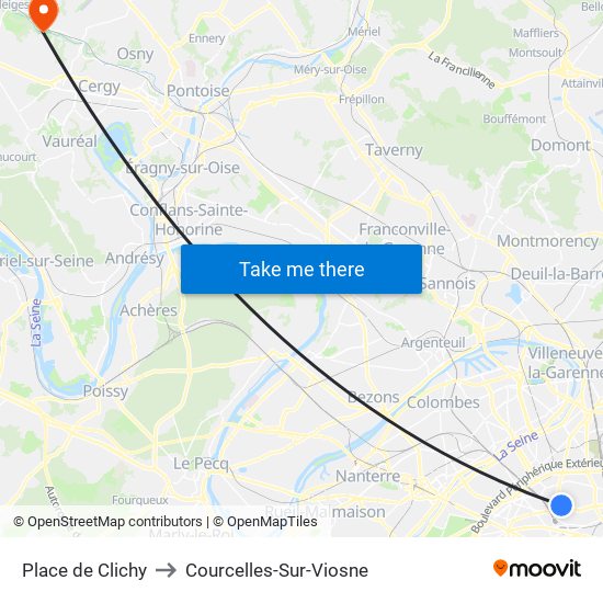 Place de Clichy to Courcelles-Sur-Viosne map