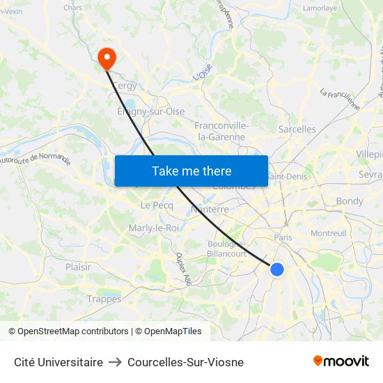 Cité Universitaire to Courcelles-Sur-Viosne map