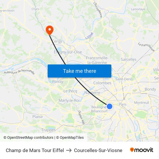 Champ de Mars Tour Eiffel to Courcelles-Sur-Viosne map