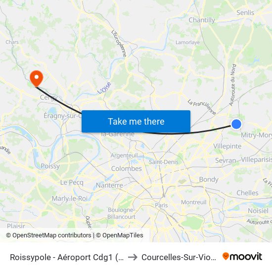Roissypole - Aéroport Cdg1 (D3) to Courcelles-Sur-Viosne map
