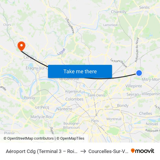 Aéroport Cdg (Terminal 3 – Roissypôle) to Courcelles-Sur-Viosne map