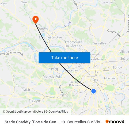 Stade Charléty (Porte de Gentilly) to Courcelles-Sur-Viosne map