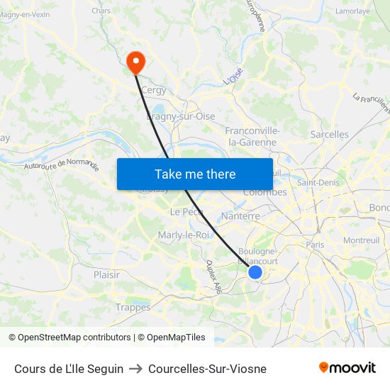 Cours de L'Ile Seguin to Courcelles-Sur-Viosne map