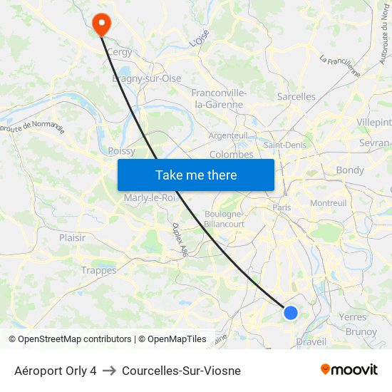 Aéroport Orly 4 to Courcelles-Sur-Viosne map