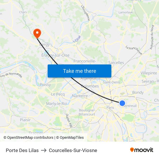 Porte Des Lilas to Courcelles-Sur-Viosne map