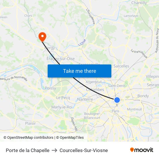 Porte de la Chapelle to Courcelles-Sur-Viosne map