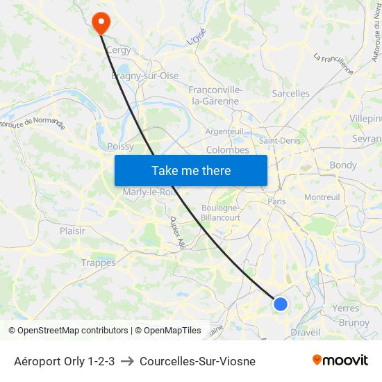 Aéroport Orly 1-2-3 to Courcelles-Sur-Viosne map