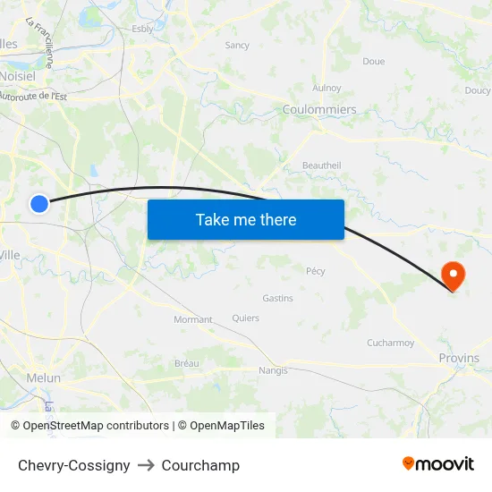 Chevry-Cossigny to Courchamp map