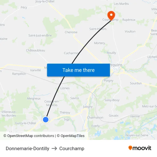 Donnemarie-Dontilly to Courchamp map