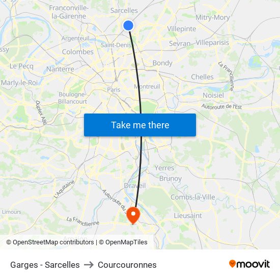 Garges - Sarcelles to Courcouronnes map