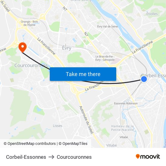 Corbeil-Essonnes to Courcouronnes map