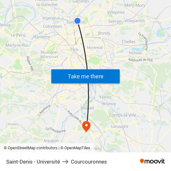 Saint-Denis - Université to Courcouronnes map
