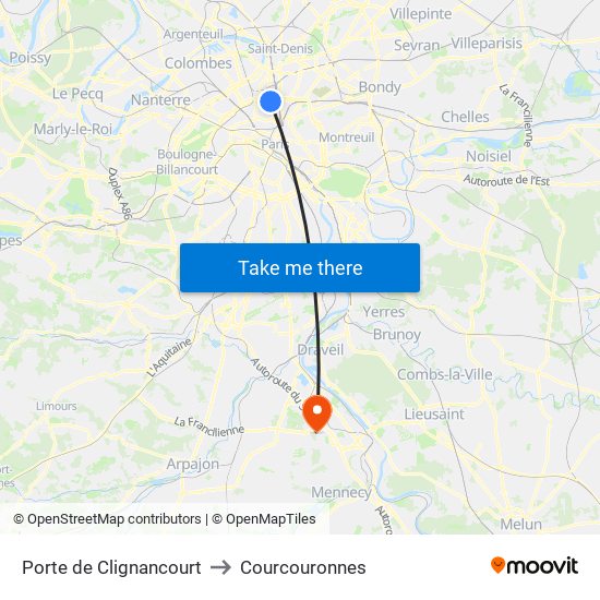 Porte de Clignancourt to Courcouronnes map