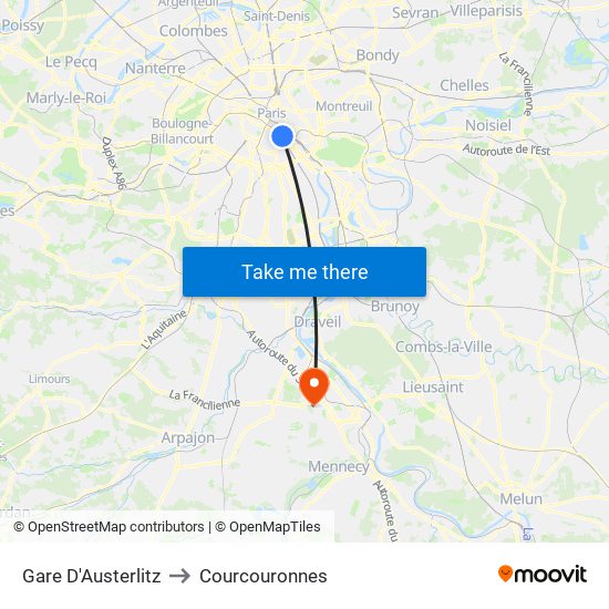 Gare D'Austerlitz to Courcouronnes map
