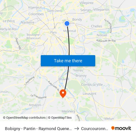 Bobigny - Pantin - Raymond Queneau to Courcouronnes map
