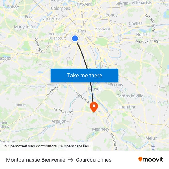 Montparnasse-Bienvenue to Courcouronnes map