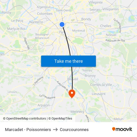Marcadet - Poissonniers to Courcouronnes map