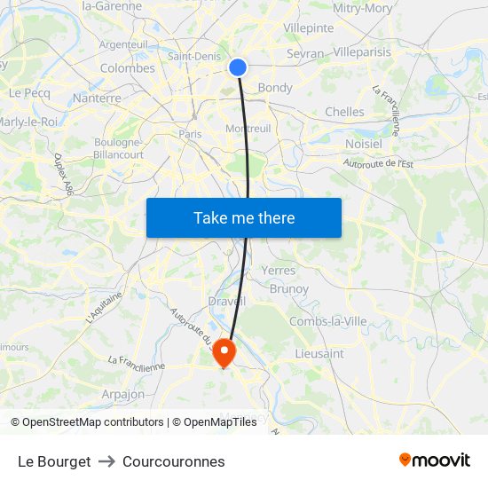 Le Bourget to Courcouronnes map