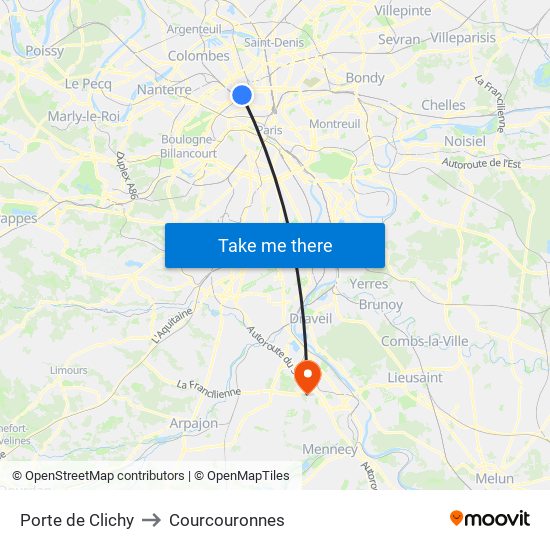 Porte de Clichy to Courcouronnes map