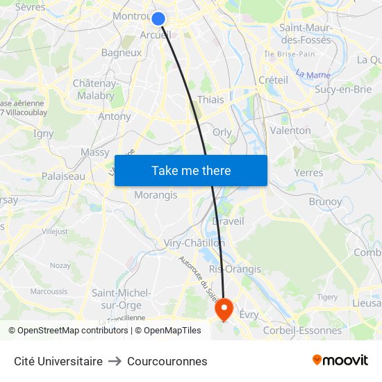 Cité Universitaire to Courcouronnes map